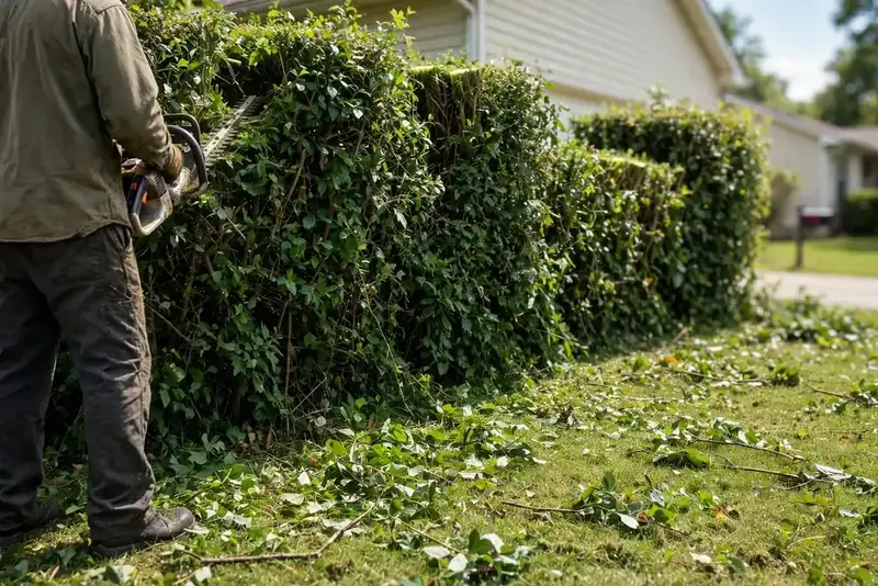Landscaper trimming a tall overgrown hedge with a gas hedge trimmer in a front yard