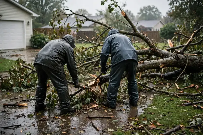 Two workers in rain gear clearing a storm-fallen tree from a residential driveway