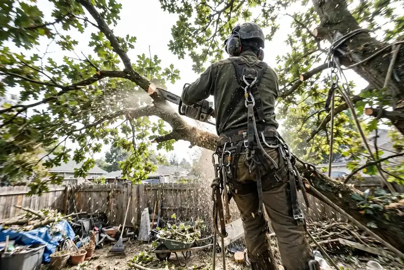 Arborist in climbing harness cutting a branch with a chainsaw on a residential job site